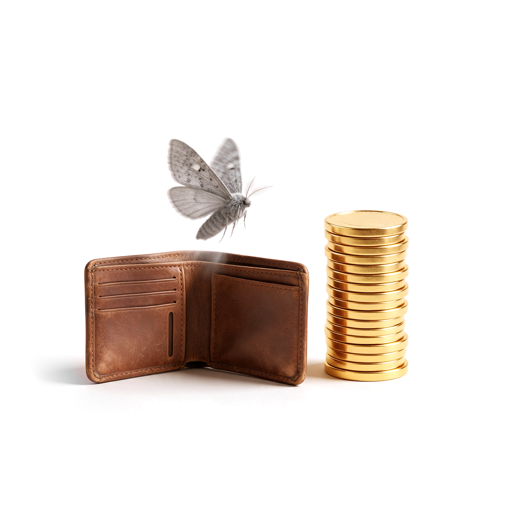 An empty leather wallet with a moth flying out, next to a stack of gold coins