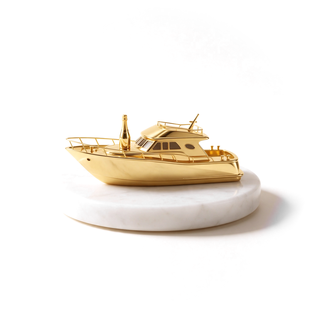 A small gold toy yacht with a champagne bottle on deck, on a marble plinth